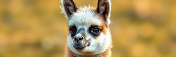 Cute llama with expressive face in soft golden light during sunset in a tranquil pasture photo