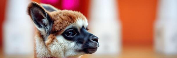 Young animal with fluffy fur enjoying its surroundings in a vibrant setting during the day photo