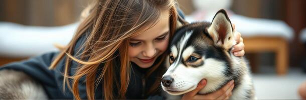 Girl hugs her playful husky in a cozy indoor setting with wooden accents and soft furnishings during a warm afternoon photo