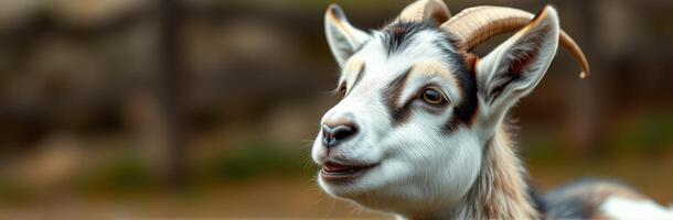 Goat standing in a lush green pasture during daylight, showcasing its playful and curious nature photo