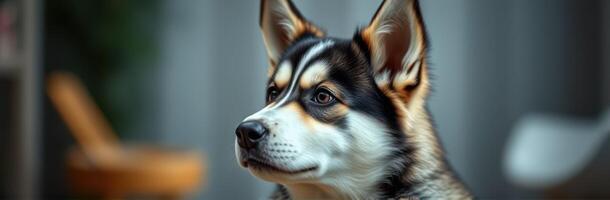 Young husky puppy sitting calmly indoors with soft lighting and a modern background photo