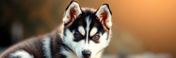 Cute husky pup sits on the ground during golden hour light with a soft blurred background photo
