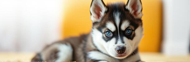 Siberian husky puppy resting indoors with bright blue eyes and striking fur patterns photo