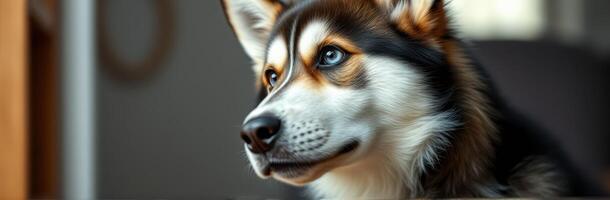 Beautiful dog with striking features gazing thoughtfully by the window during a sunny afternoon photo