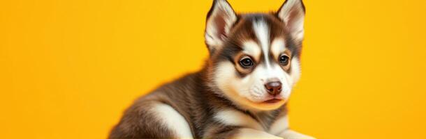 Cute and fluffy puppy posing against a bright yellow background in a playful and relaxed manner photo