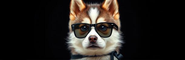 Cute dog wearing sunglasses poses confidently against a dark background in a playful and stylish manner photo