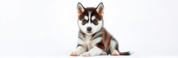 Cute husky puppy sitting calmly on a white background with alert expression and unique fur pattern in soft lighting photo