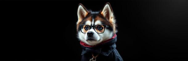 Dog wearing glasses and a scarf presents a stylish look against a dark background photo