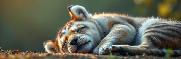 Young tiger cub peacefully sleeping in a natural habitat during golden hour light photo