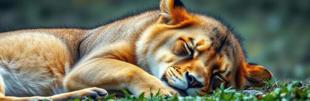Lioness resting peacefully on grass during a sunny afternoon in the wild photo