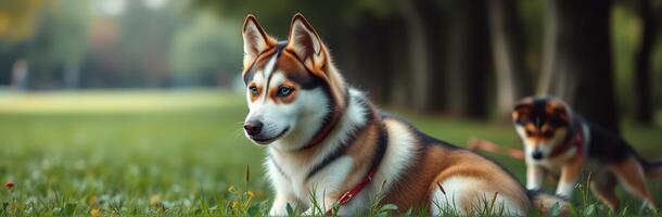 Two playful dogs enjoying a sunny afternoon in a lush green park with trees in the background photo