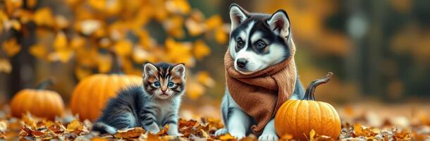 Adorable puppy and kitten enjoying an autumn day surrounded by colorful leaves and pumpkins photo