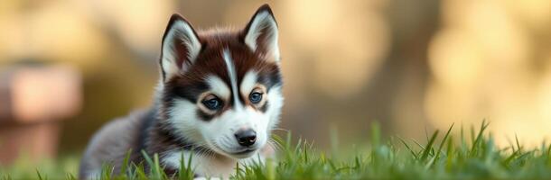 Cute puppy playing in the grass during a sunny day in a backyard garden with vibrant greenery photo