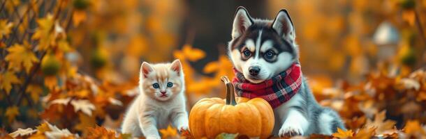 Cute puppy and kitten enjoy autumn together with a pumpkin surrounded by colorful leaves photo