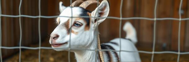 Young goat in a cozy barn setting enjoying a sunny day with wooden surroundings and soft bedding photo