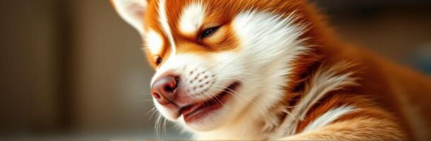 Playful corgi puppy relaxing indoors in warm sunlight during the afternoon photo