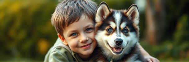 Young boy enjoys playtime with his happy puppy in a sunny park filled with greenery photo
