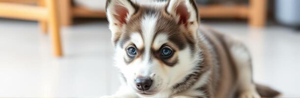 Cute puppy relaxing indoors with playful expression during a sunny afternoon photo