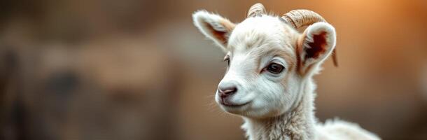 Young goat standing in a natural setting with warm sunlight in the background during the early morning hours photo