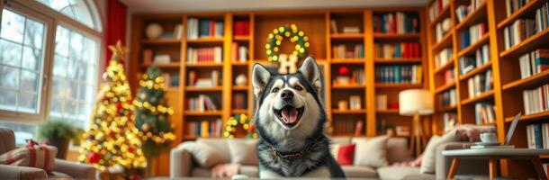 Happy dog enjoying a cozy holiday atmosphere in a warmly decorated living room with a Christmas tree and bookshelves photo