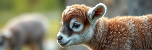 Young lamb explores a vibrant green pasture on a sunny day in early spring photo