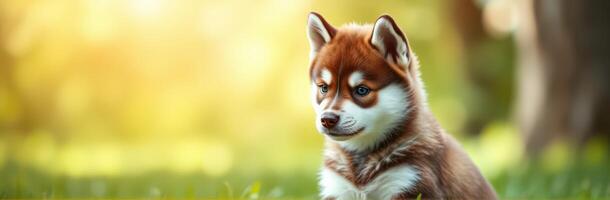 Cute puppy enjoying a sunny afternoon in a lush green park with blurred trees in the background photo