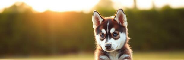 Cute husky puppy looking curiously at the camera during sunset in a lush outdoor setting photo