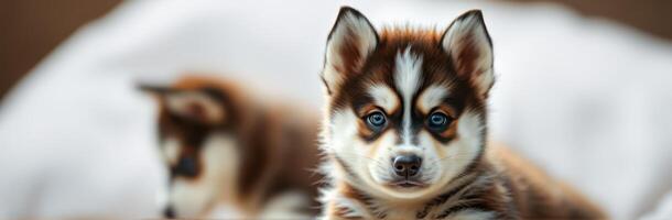 Cute husky puppies playing together in a cozy setting during the golden hour of sunset photo