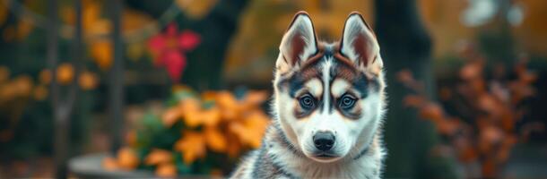 Siberian husky puppy in autumn park with colorful foliage and vibrant background photo