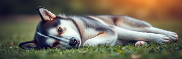 Playful husky relaxing on grass during golden hour in a serene outdoor setting photo