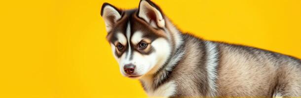 Siberian husky puppy against a vibrant yellow background looking curiously photo