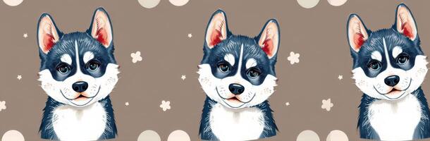 Cute illustrated husky dogs with playful expressions on a pastel background photo