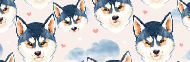 Cute pattern featuring fluffy dogs on a pastel background with hearts and clouds photo