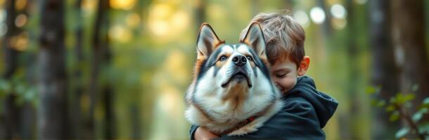 Boy hugs his pet dog in a serene forest during a warm afternoon photo