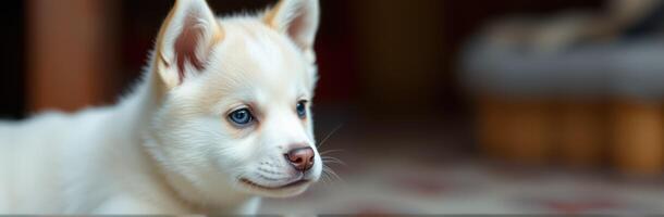 Puppy sitting calmly indoors with soft lighting in a cozy living space photo