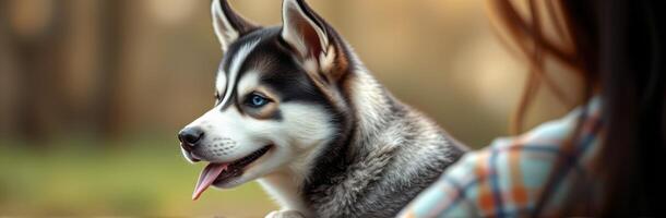 Playful husky enjoys a sunny afternoon with a friend in a lush park photo