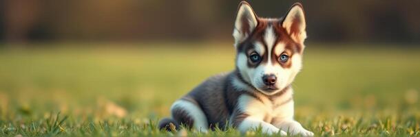 Adorable puppy rests on green grass during golden hour in a serene outdoor setting photo