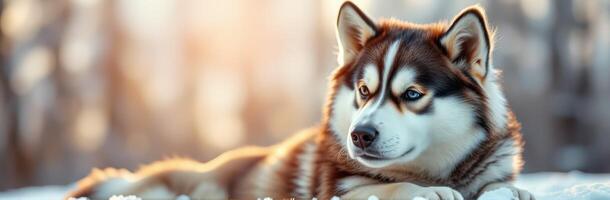 Siberian husky relaxing on a snowy landscape during golden hour with soft sunlight filtering through the trees photo