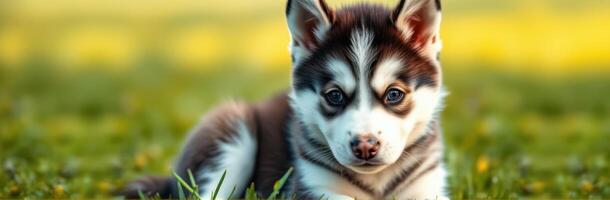 Cute husky puppy relaxing on green grass under warm sunlight in a vibrant outdoor setting photo