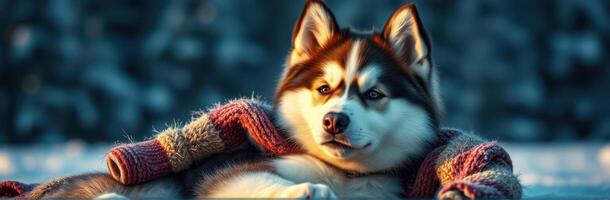 Siberian husky wearing a warm sweater lounging comfortably in a snowy landscape during golden hour photo