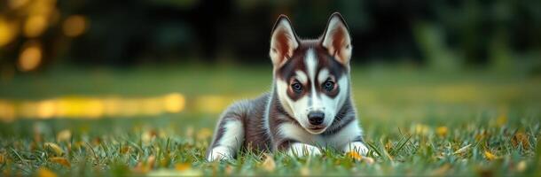 Playful husky puppy lounging in a sunlit garden during a warm afternoon photo