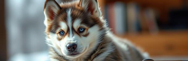 Cute puppy relaxing indoors with a cozy atmosphere and warm lighting during a sunny afternoon photo