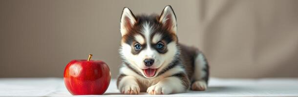 Cute husky puppy playing with a red apple in a cozy indoor setting during daylight photo