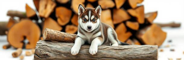 Cute husky puppy lounging on a log in front of a stack of firewood in a rustic setting photo