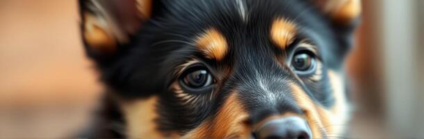 Cute puppy with striking markings gazes curiously at the camera in a cozy indoor setting photo