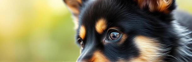 Close-up of a curious puppy exploring its surroundings in a bright outdoor setting during golden hour photo
