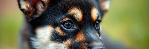 Close-up view of a playful puppy with expressive eyes enjoying a sunny day outdoors in a vibrant natural setting photo