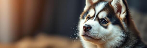 Cute husky puppy resting indoors with soft lighting and a serene expression photo
