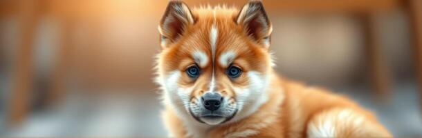 Cute fluffy puppy sitting calmly indoors with bright blue eyes and a shiny coat under warm lighting photo