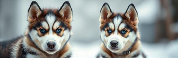Two adorable husky puppies sitting together in a snowy forest during a winter afternoon photo